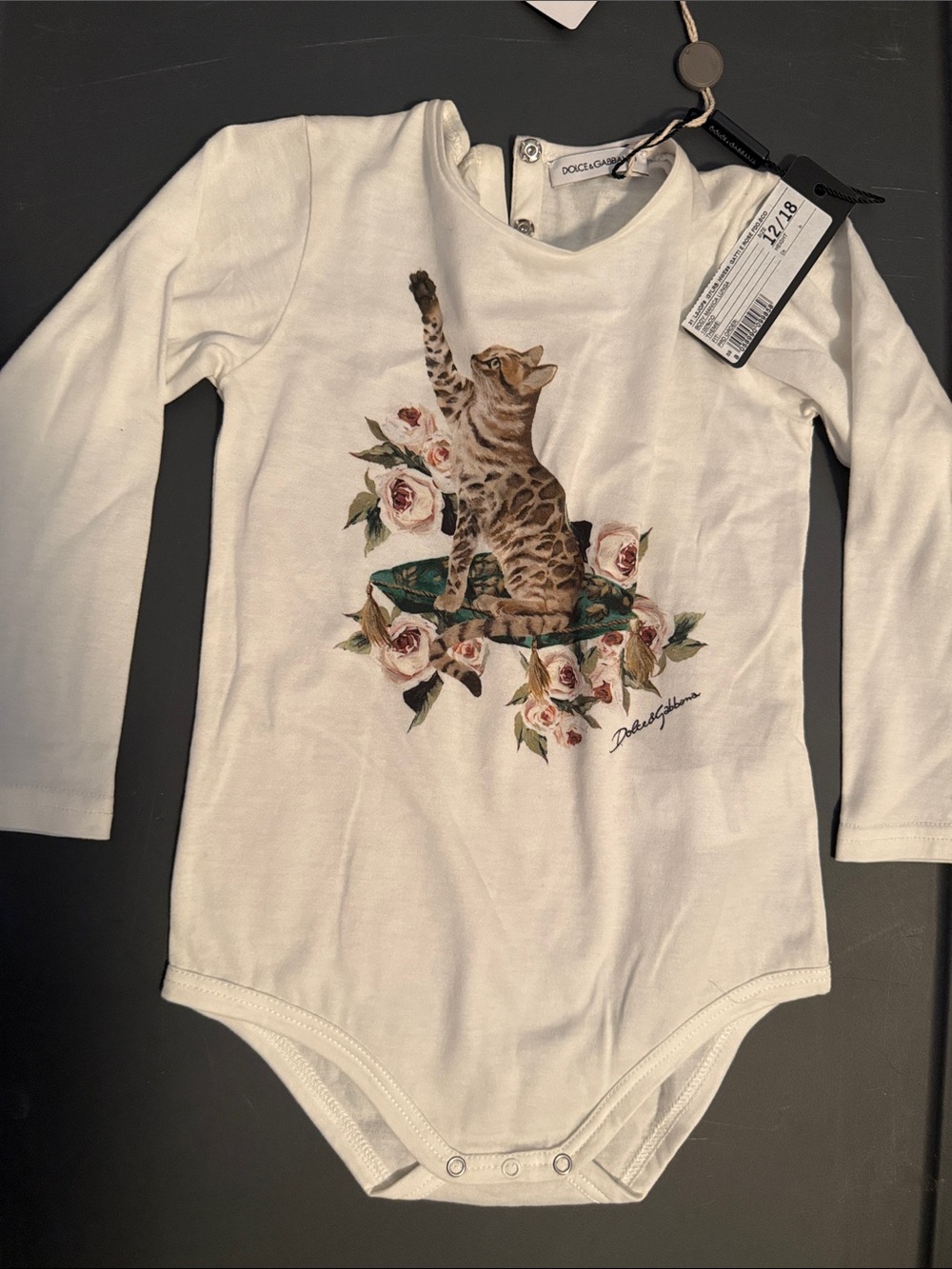 Dolce & Gabbana Cream Long-Sleeve Baby Bodysuit with Kitten Floral Print
